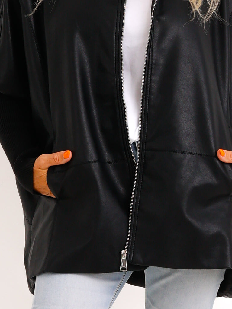 Oversize-Kunstlederjacke ROXY.S – Boxy Style mit Strickärmeln – Gr. 38-48