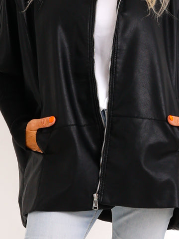 Oversize-Kunstlederjacke ROXY.S – Boxy Style mit Strickärmeln – Gr. 38-48