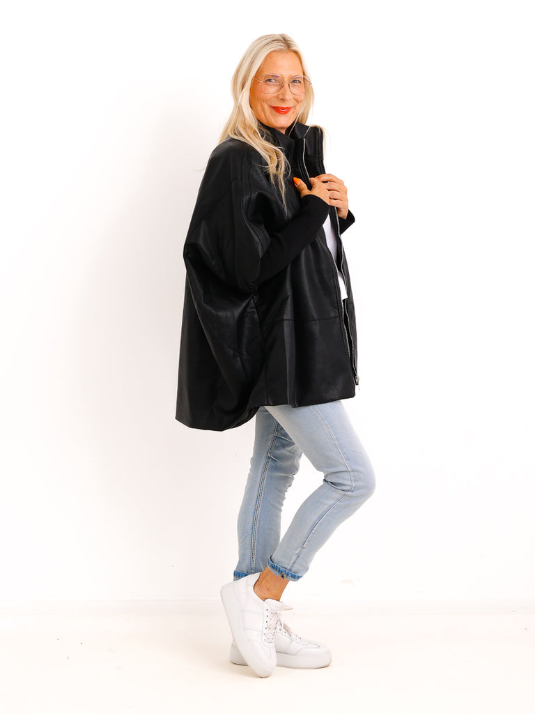 Oversize-Kunstlederjacke ROXY.S – Boxy Style mit Strickärmeln – Gr. 38-48