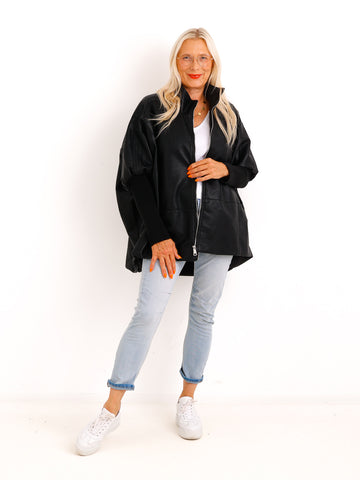 Oversize-Kunstlederjacke ROXY.S – Boxy Style mit Strickärmeln – Gr. 38-48