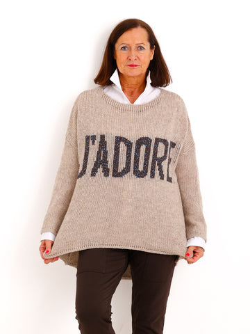 Oversize Pullover ELVANI – J'Adore-Stickerei & verlängerte Rückenpartie – Gr. 38–44