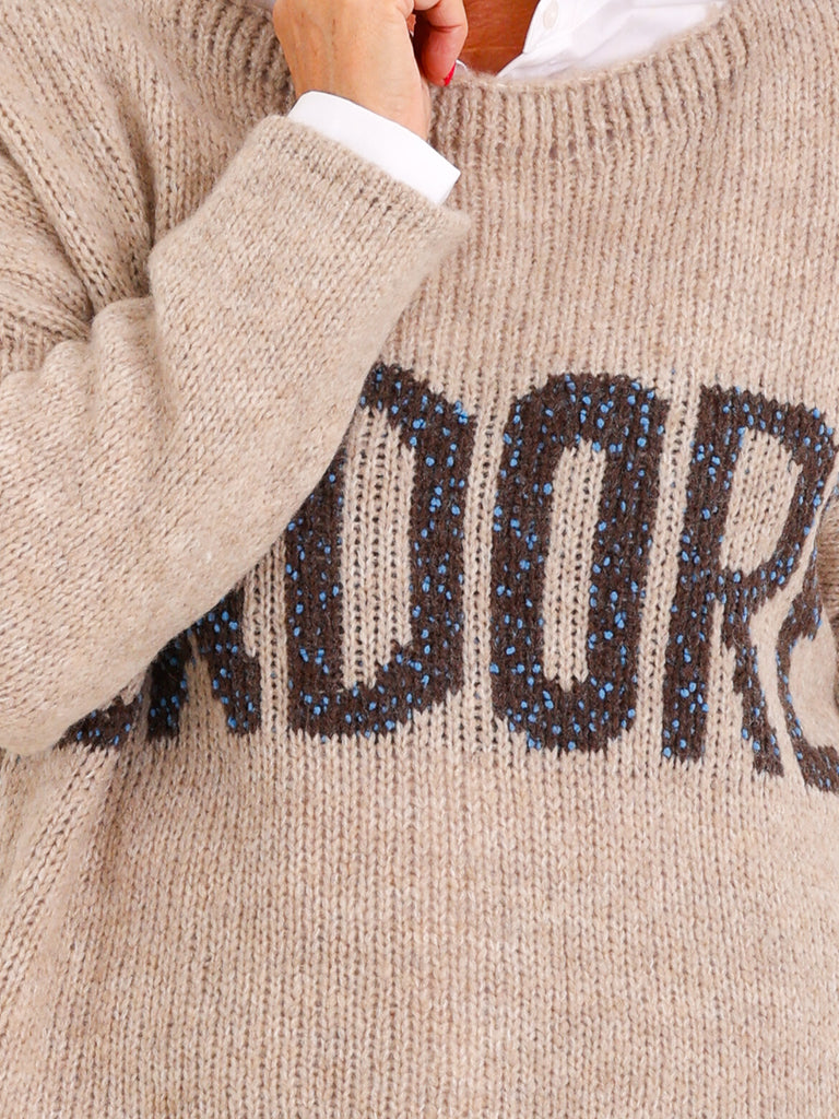 Oversize Pullover ELVANI – J'Adore-Stickerei & verlängerte Rückenpartie – Gr. 38–44