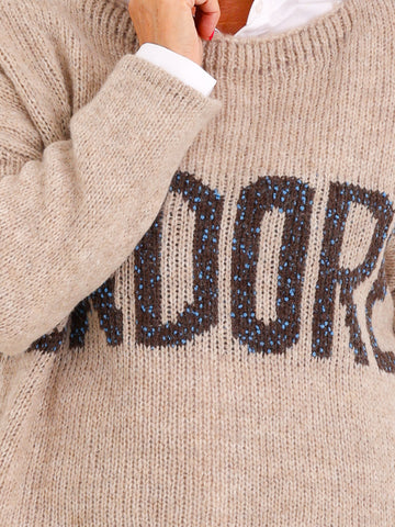 Oversize Pullover ELVANI – J'Adore-Stickerei & verlängerte Rückenpartie – Gr. 38–44