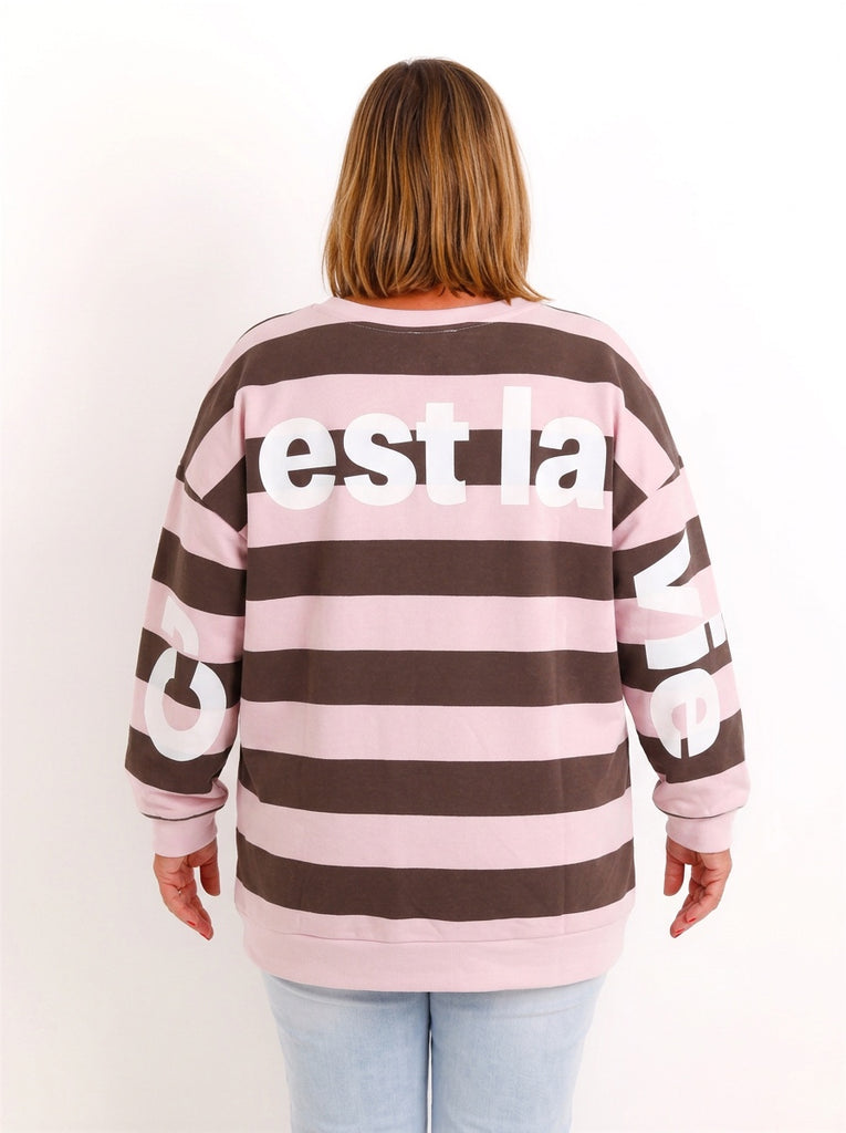 Curvy Size Sweatshirt JORELIE – Geringelter Oversize-Look mit C’est la vie Statement-Print – Gr. 46–56